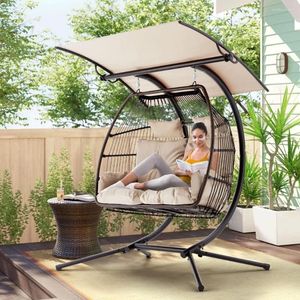 Muebles de campamento Silla de huevo doble con soporte Cesta colgante plegable Nest Swinging Loveseat para interior Patio al aire libre Balcón GardenChair