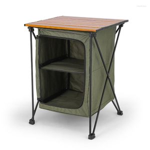 Meubles de camp Table de camping à double couche, armoire de rangement portable pliable en alliage d'aluminium, bureau de pique-nique en plein air avec panier en tissu Oxford