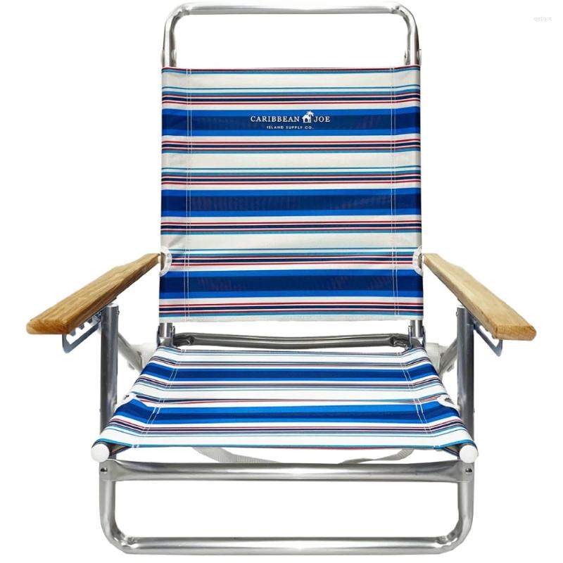 Camp Furniture Five Position Folding Beach Chair Metal Polyester Wood Durable And Strong