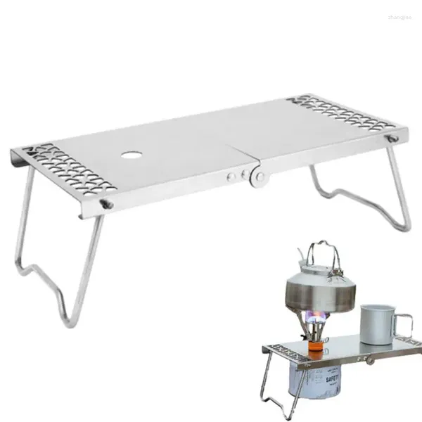 Table portative pliante de meubles de Camp avec le trou de réservoir de gaz de brûleur Installable pour le Camping Mini bureau de pique-nique d'acier inoxydable thé