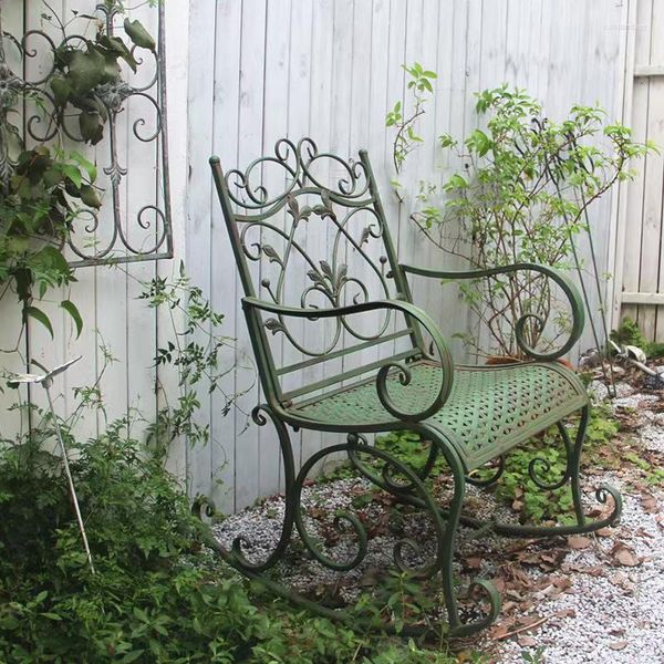 Camp Furniture fabriqué à la main décoratif jardin épicerie patio métal vert vintage vieille chaise à bascule