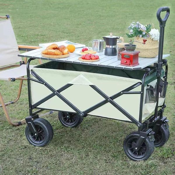 Mobilier de camping Chariot de camping en plein air portable grande capacité shopping pique-nique rangement pliable tiges de remorque à pousser à la main petites planches de table