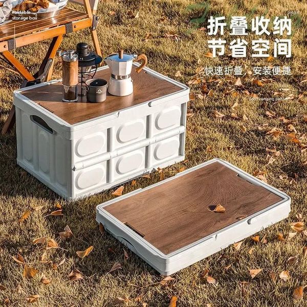 Meubles de camping Boîte pliante de camping en plein air avec couvercle en bois Organisateur de nourriture à domicile Conteneur de pêche Pique-nique BBQ Boîtes de rangement de coffre de voiture