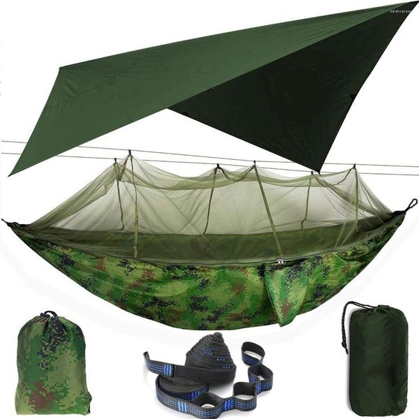 Muebles de campamento Hamaca para acampar al aire libre con mosquitera y refugio solar Portátil Doble paracaídas Columpio Hamacas Tienda Lona Lluvia