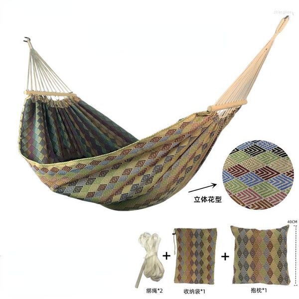 Muebles de campamento Hamacas para acampar al aire libre con borla Cama para dormir Viajes Patio trasero Camas columpios Colgar para el jardín de su casa Tela de lona jacquard