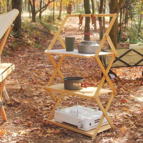 Meubles de Camping en plein air, support de rangement Portable, pique-nique multicouche en bambou, chaussures de salon pliantes