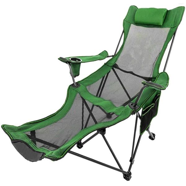 Camp Meubles Patio extérieur salon chaise de plage pliante allongée pour la pêche au camping avec porte-gobelet Sac de rangement vert