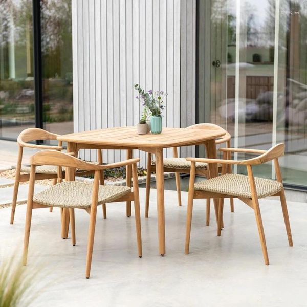 Ensemble d'extérieur Camp Furniture Table à manger en teck naturel et 4 chaises avec corde - Humaira