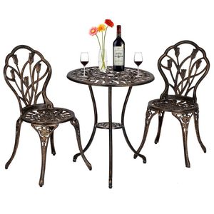 Mobilier de camping ensemble d'extérieur style européen fonte d'aluminium 3 pièces tulipe bistrot de table et chaises bronze 60 x 67,5 camp