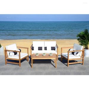 Camp Furniture Canapé d'extérieur Coussins naturels/blancs/coussins rayés Ensemble de terrasse de dialogue 4 pièces adapté aux chaises de plage et de jardin