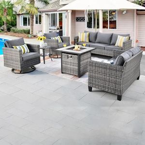 Kampmeubels Buitenbank Set van 6 met schommelende zwenkstoelen Square Fire Pit Tafelstuk Sectionele tuinsets