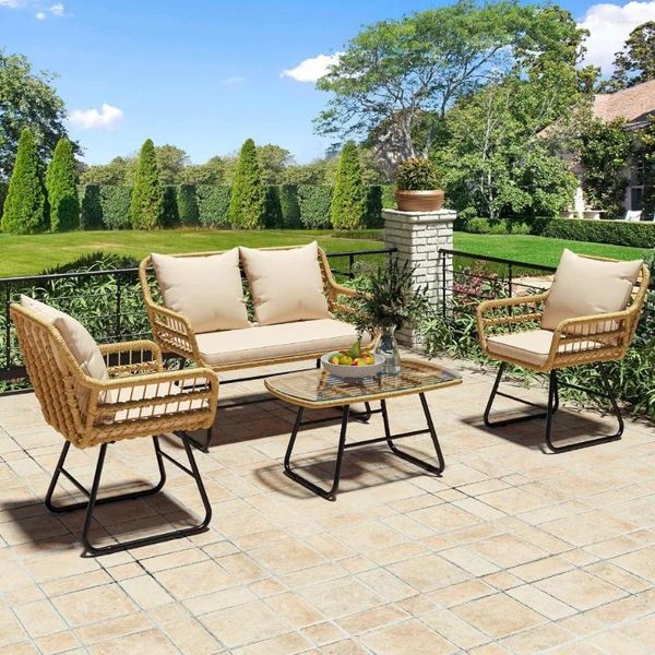 Canapé d'extérieur de meubles de camp adapté au balcon et au pont d'arrière-cour, chaises toutes saisons équipées de coussins moelleux, tables en métal, jardin