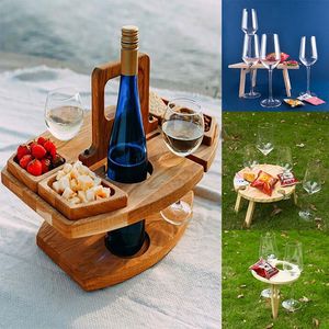 Muebles de campamento Mesas al aire libre Mesa de picnic plegable de madera con soporte de vidrio Escritorio plegable redondo Estante para vino Bandeja plegable para refrigerios