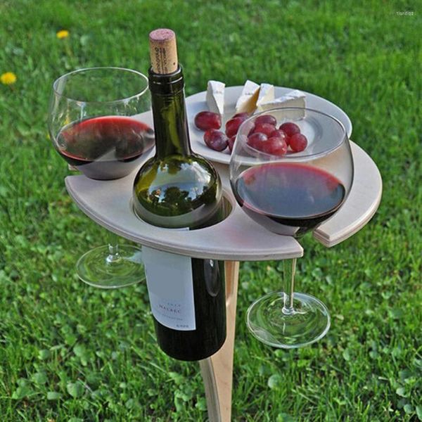 Mobilier de camping table à vin d'extérieur-table pliante en bois d'extérieur-porte-verre à vin bouteille et support rond bureau pliable en bambou collation