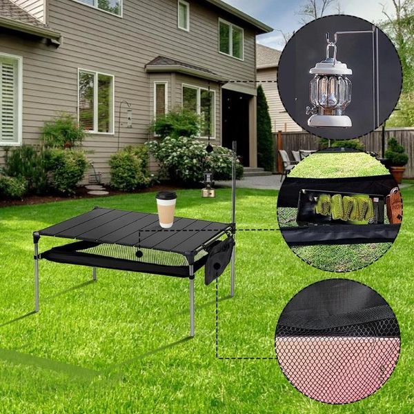 Table de camping portable de meubles de camp avec lanterne - pliage en alliage en aluminium robuste pour les activités de plein air