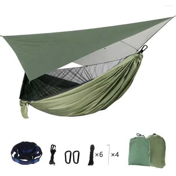 Muebles de campamento Mosquitera portátil Hamaca de camping de nylon con toldo impermeable para lluvia y mosca para colgar al aire libre Cama para dormir