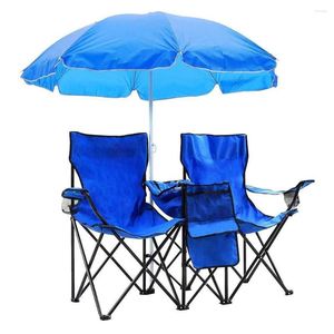 Chaise pliante portative d'extérieur à 2 places, meubles de camping, avec parasol amovible, bleu, pour la pêche et les bains de soleil