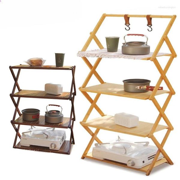 Meubles de Camping portables en plein air, support multifonctionnel multicouche pliable, Installation gratuite, rangement de chaussures en bambou et en bois