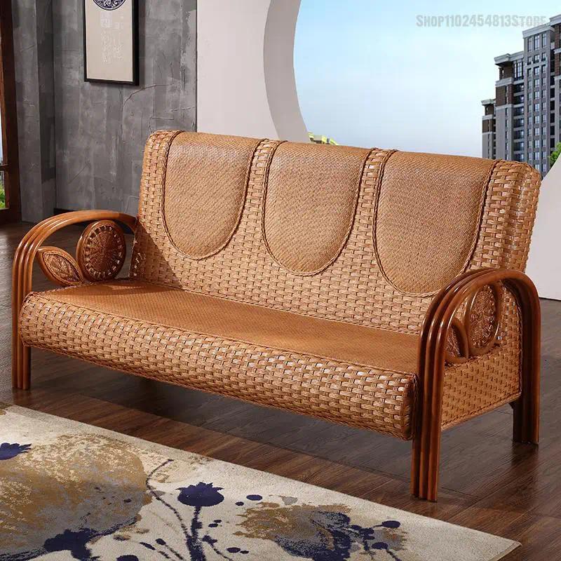 Camp Furniture Rattan Sofa Three-person Living Room Art Solid Wood Bamboo And Combination Small Apartment
