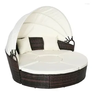 Camp Furniture Ensemble de canapé sectionnel rond d'extérieur en rotin avec auvent rétractable, sièges séparés et coussin amovible (blanc)