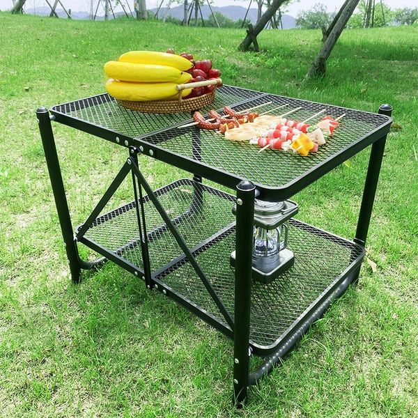 Meubles de Camp Tryhomy Table pliante extérieure en alliage d'aluminium pique-nique Portable Double couches Barbecue Camping maille