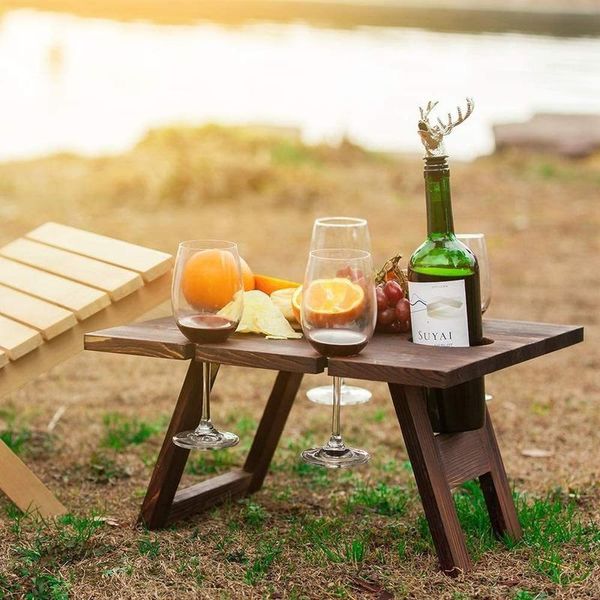 Muebles de campamento, mesa de Picnic plegable de madera, equipo portátil cuadrado para acampar al aire libre con estante para copas de vino