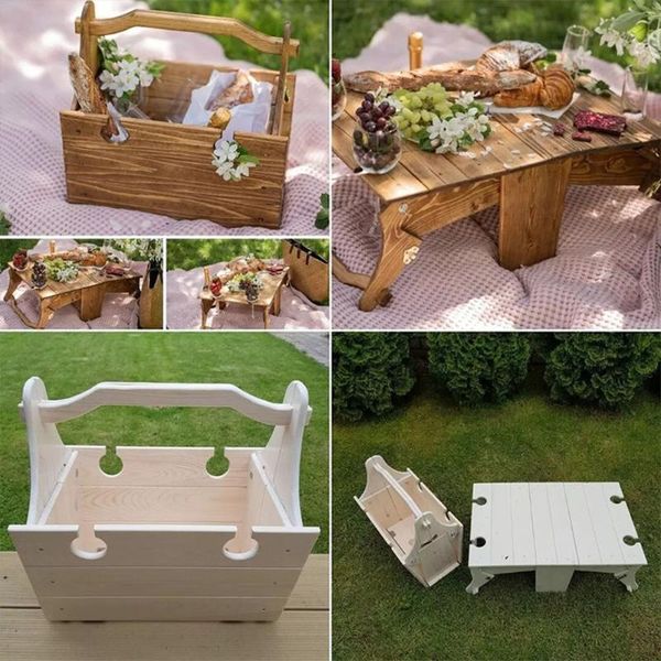 Meubles de camp Table pliante en bois portable en plein air plage camping jardin bureau de pique-nique thé porte-verre à vin panier de rangement Burlywood