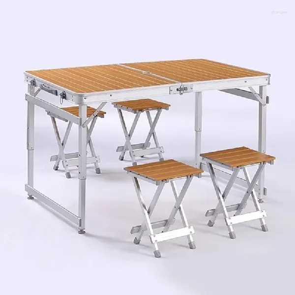 Muebles de campamento Grano de madera Todo aluminio Mesa plegable portátil para exteriores Silla montada Autoconducción Camping Barbacoa Té