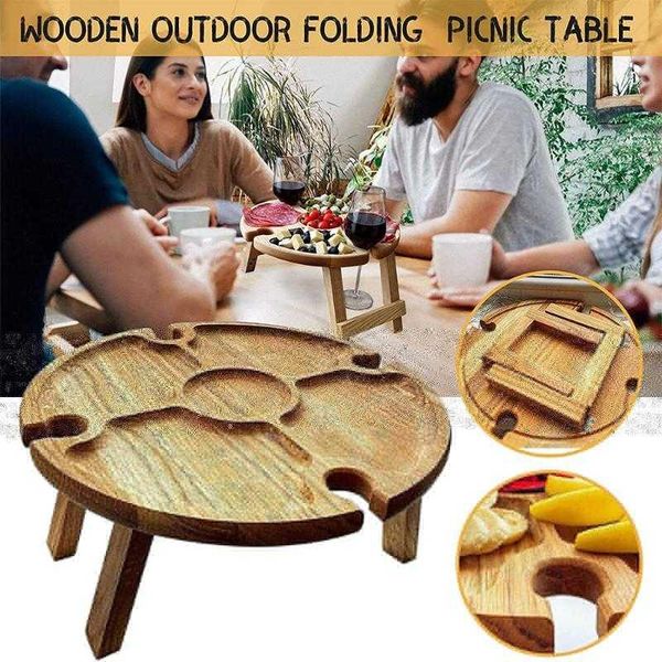 Muebles de campamento Mesa de picnic plegable al aire libre de madera con soporte de vidrio Escritorio plegable redondo Estante de vino plegable VFR