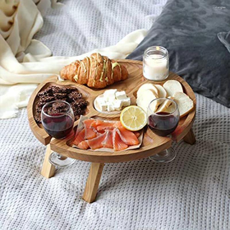 Obozowe meble drewniane stół piknikowy składany zewnętrzny ze szklanym uchwytem okrągłym składanym biurkiem stojak na wino składane na imprezę ogrodową