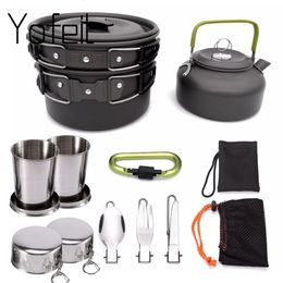 Camp Kitchen 1 ensemble de casseroles d'extérieur, ustensiles de cuisine de Camping, ensemble de cuisine de pique-nique, vaisselle antiadhésive avec cuillère pliable, fourchette, couteau, bouilloire, tasse 230905