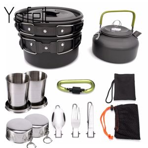 Kampkeuken 1 Set Outdoor Potten Pannen Camping Kookgerei Picknick Koken Non-stick Servies Met Opvouwbare Lepel Vork Mes Waterkoker Beker 230909