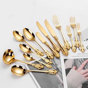 Kampkeuken 1-delig luxe gouden bestekset Vintage Westers roestvrijstalen servies Keukengerei Dinerset Sliver Mes Vork Lepel YQ240123