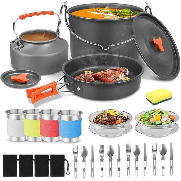 Camp Kitchen 21 pièces Batterie de Cuisine de Camping Kit de Mess Grande Casserole Suspendue Bouilloire Plat Fourchette et Cuillère Ensemble pour Randonnée en Plein Air et Pique-Nique 3-4 Personnes YQ240123