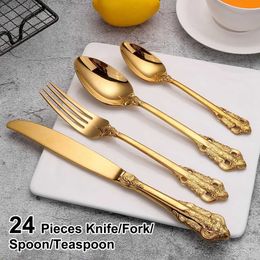 Camp Kitchen 24-delige gouden bestekset Luxe servies Roestvrijstalen dinerset Keukengerei Gratis verzending Vergulde vintage vorklepel YQ240123