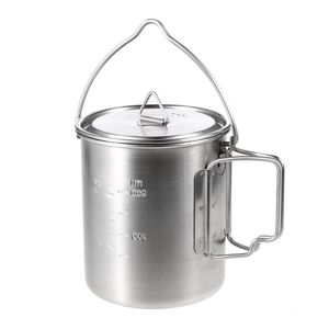 Kampkeuken 750 ml roestvrijstalen staal camping pot hang cup watermok met deksel en opvouwbare handgreep kookpicnic 221107