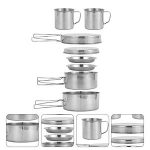 Camp Kitchen 8PCS / SET Kit de utensilios de cocina para acampar Juego de ollas de cocina de acero inoxidable liviano portátil con platos y tazas para picnic al aire libre Senderismo YQ240123