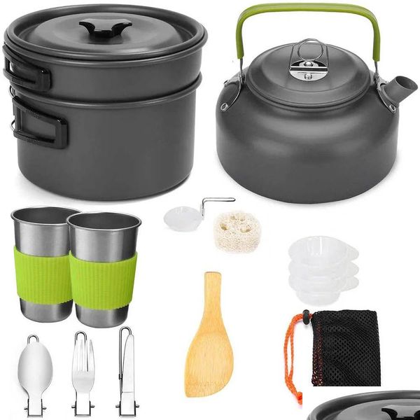 Camp Kitchen Camp Kitchen Cam Batterie de cuisine en plein air Pot Cuptableware Kit Eau de cuisson Bouilloire Pan Couverts de voyage Ustensiles Randonnée Pique-nique Dhnz1