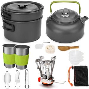 Camp Kitchen Camping Cooker Set Cookware Kit Outdoor Pot Pan Stove Kettle Cups Tableware Tourist Dishes Nature Hike Equipment 230210