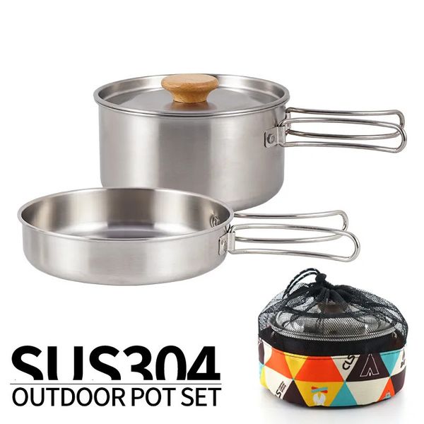 Camp Kitchen Camping Pot Set 304 en acier inoxydable batterie de cuisine extérieure Kit de cuisine ensemble de voyage vaisselle tourisme randonnée pique-nique équipement 231025