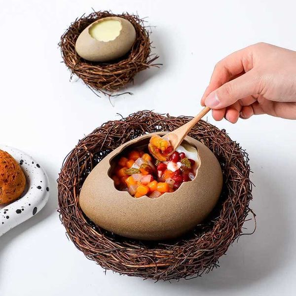 Campamento Cocina Creativo Nido de Pájaros Decoración Postre Tazón Cáscara de Huevo Avestruz Forma de Huevo Tazón de Cerámica Bebida Fría Barbacoa Restaurante Vajilla 240329