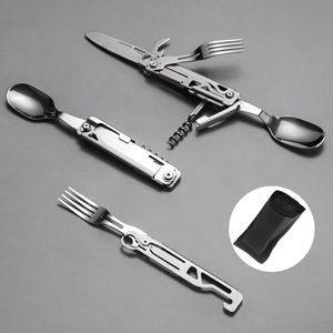 Camp Kitchen Folding Camping Cutlery Multi-function Portable Tableware Knife Fork Spoon Bottle Opener Outdoor Cutlery Camping Equipment 230210
