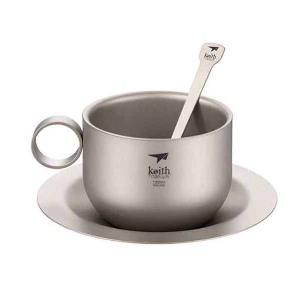 Camp Kitchen Keith Ensembles de tasses à café en titane 150 ml Portable Voyage en plein air Camping Pique-nique Vaisselle Tasse à café avec pot et cuillère YQ240123