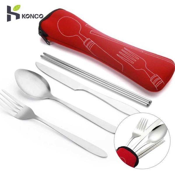 Camp Kitchen Konco Boîte à bento en acier inoxydable Ensemble de couverts Kit de vaisselle portable pour déjeuner Couteau Fourchette Cuillère Baguettes Couverts de pique-nique de voyage YQ240123