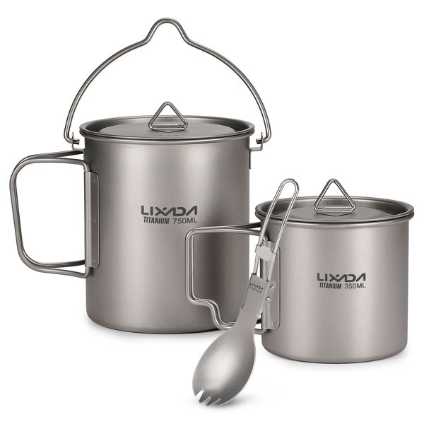 Camp Kitchen Lixada Ensemble de 3 pièces légères Pot de 750 ml Tasse à eau de 350 ml Tasse avec couvercle Poignée pliable pour le camping en plein air 230909