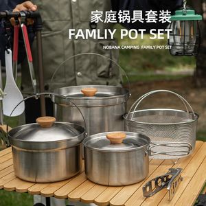 Camp cuisine en plein air en acier inoxydable Pot ensemble Camping famille Pot ensemble 5L Portable pique-nique soupe Pot friture vapeur ménage Pot 231025