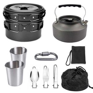 Camp Kitchen Portable Camping Cookware Set Outdoor Cooking Pot Pan Kettle Tableware Kit for Hiking Picnic BBQ Cook Equipment Supplies P230506