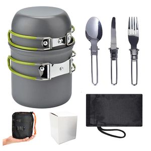 Camp Kitchen Batterie de cuisine de camping portable, pot d'extérieur, mini cuisinière à gaz, randonnée nature, pique-nique, cuisine avec cuillère pliable, couteau à fourchette 231120