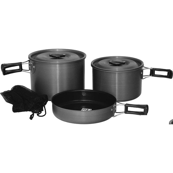 Camp Kitchen Trailblazer Black Ice 5 PC Batterie de cuisine à came anodisée dure Ensemble de cuisine en plein air avec sac de rangement Livraison directe Sports de plein air Cam Dh0Gk