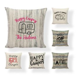 Campers Auto Kussenhoes Katoen Linnen Happy Campers Sierkussen Case Voor Sofa Thuis Decoratieve Kussensloop311P